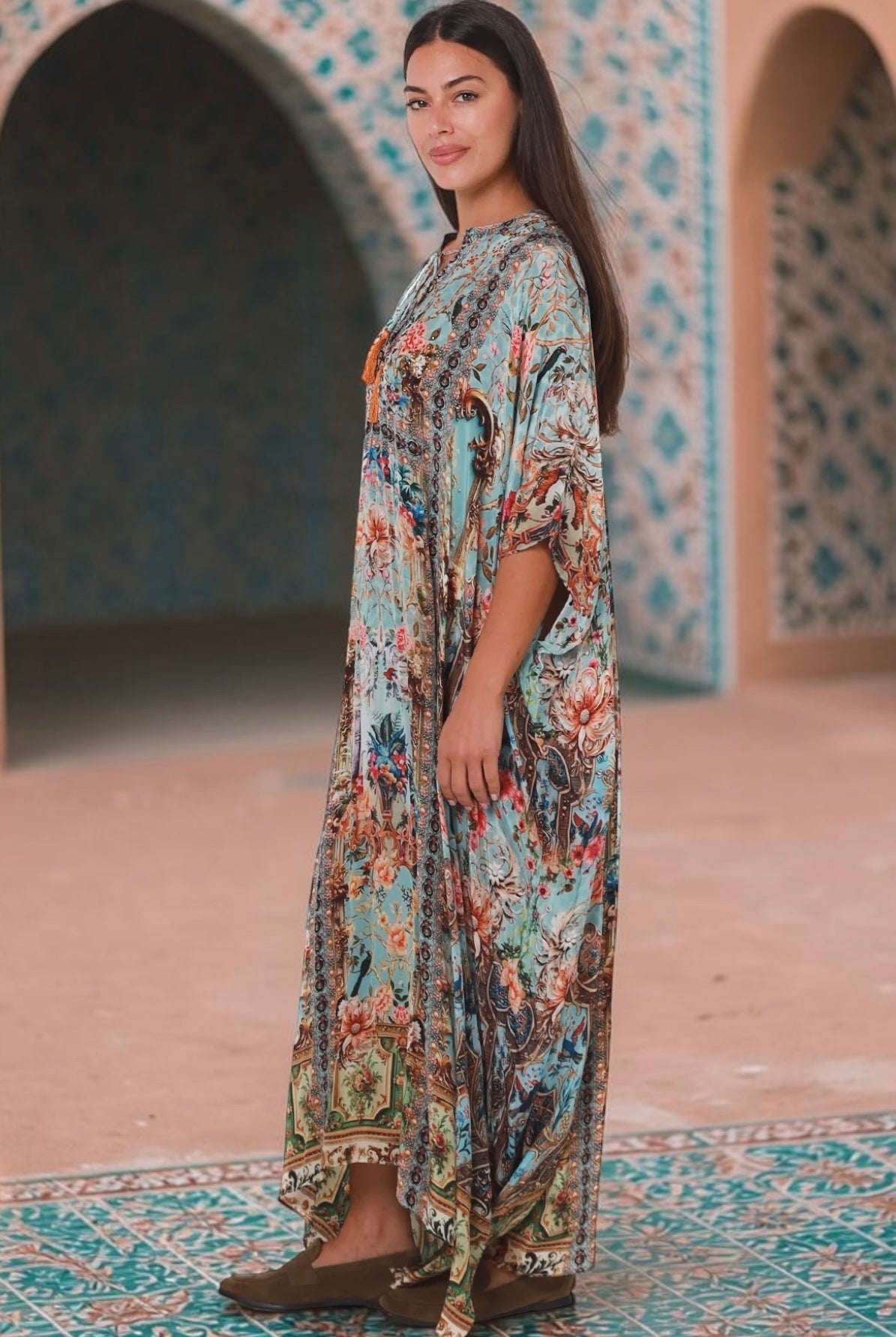 Mirage Kaftan Vintage Mint bohemian viscose crepe kaftan with botanical print, birds, rhinestones and tassel ties