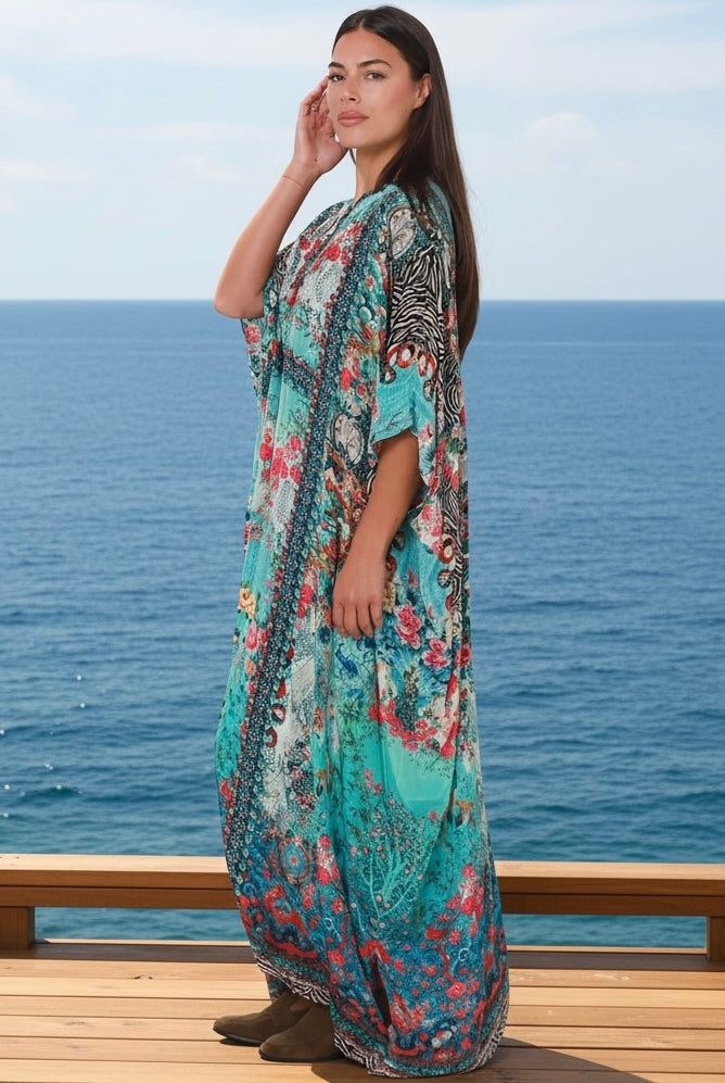 Mirage Floral Kaftan Turquoise Bloom by Peacock Feather the Label in viscose crepe with botanical boho print