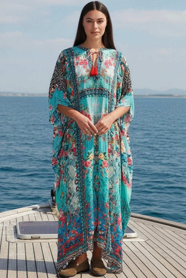 Mirage Floral Kaftan Turquoise Bloom by Peacock Feather the Label in viscose crepe with botanical boho print
