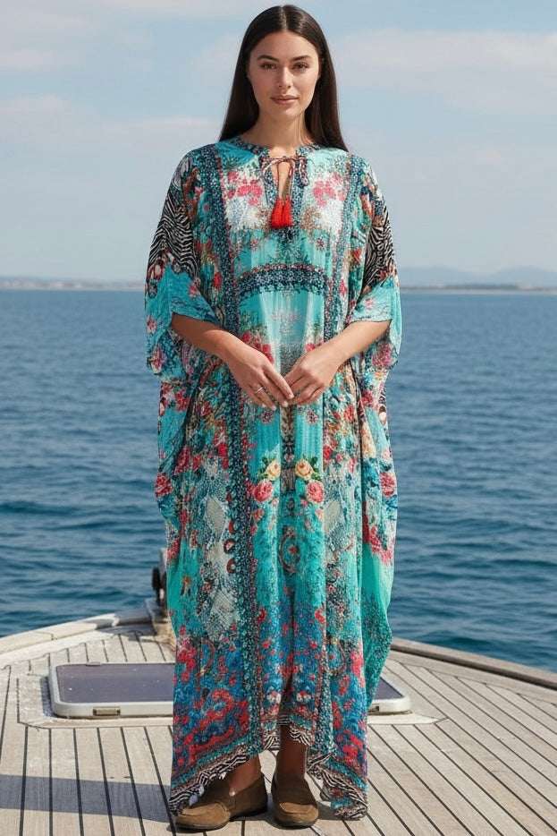 Mirage Floral Kaftan Turquoise Bloom by Peacock Feather the Label in viscose crepe with botanical boho print