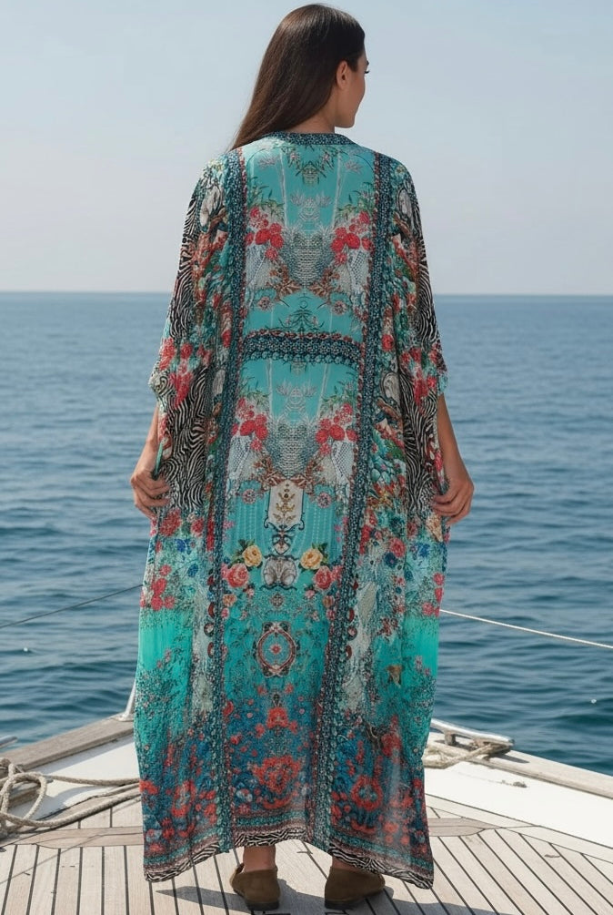 Mirage Floral Kaftan Turquoise Bloom by Peacock Feather the Label in viscose crepe with botanical boho print