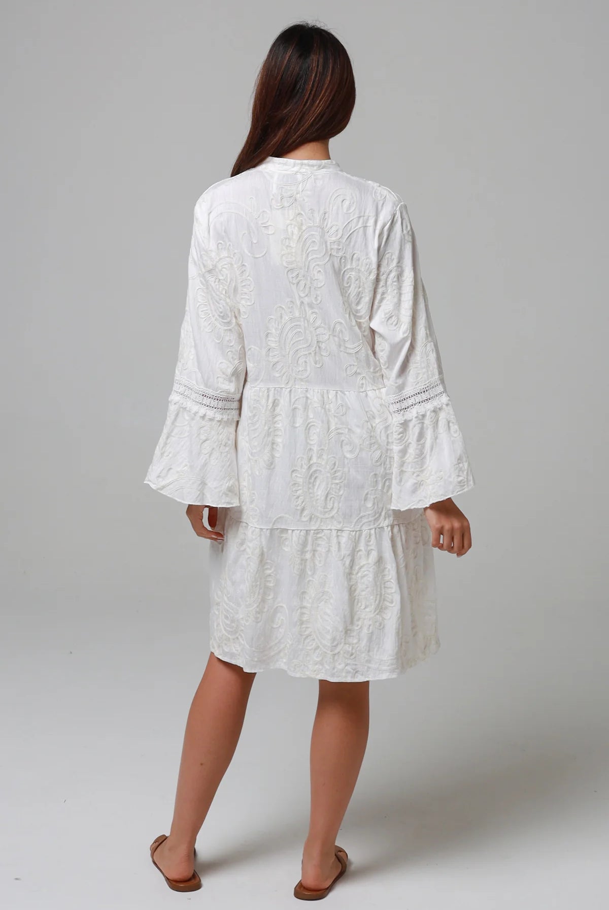 White embroidered cotton boho mini dress with lace sleeves and tassel ties - Bohemian Love Runway Australia Boho.