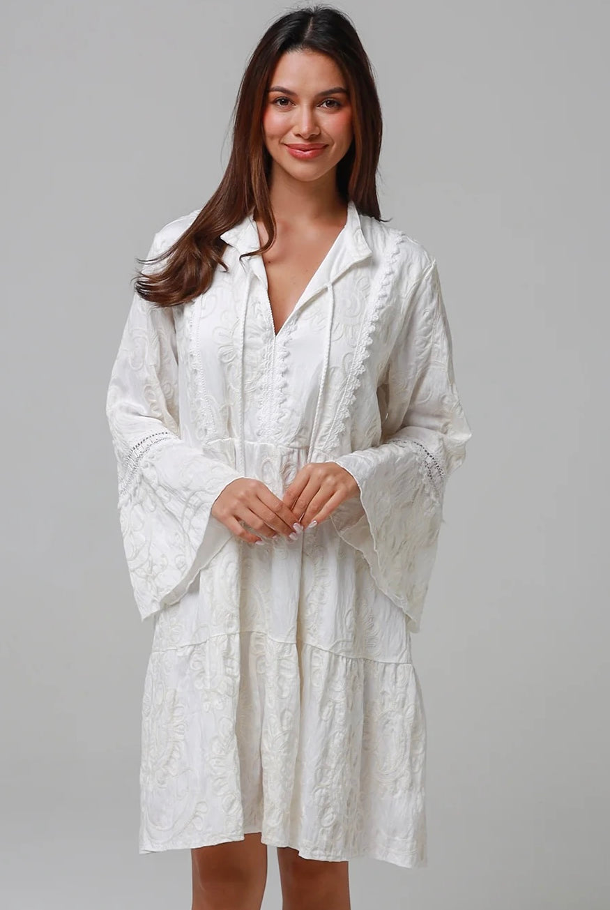 White embroidered cotton boho mini dress with lace sleeves and tassel ties - Bohemian Love Runway Australia Boho.