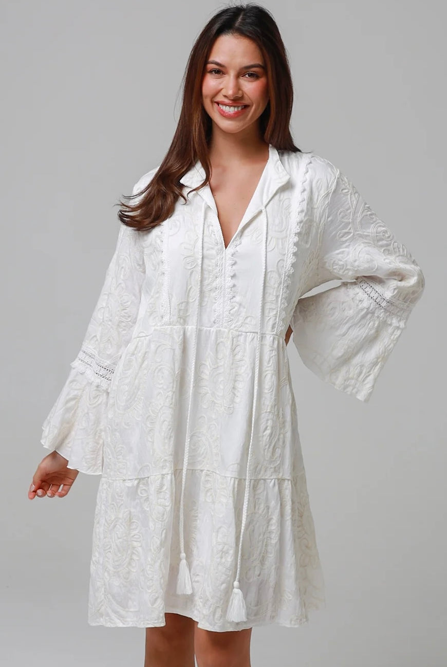 White embroidered cotton boho mini dress with lace sleeves and tassel ties - Bohemian Love Runway Australia Boho.