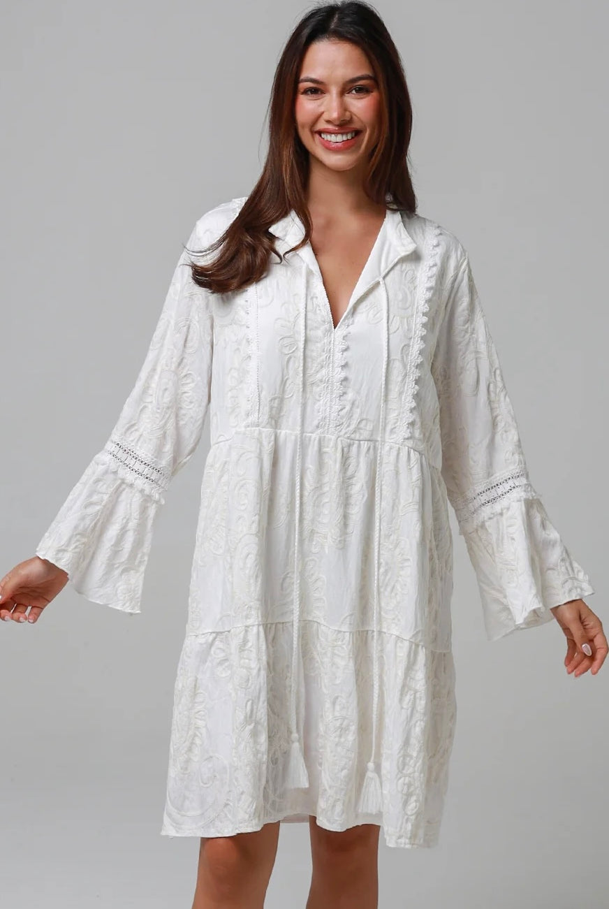 White embroidered cotton boho mini dress with lace sleeves and tassel ties - Bohemian Love Runway Australia Boho.
