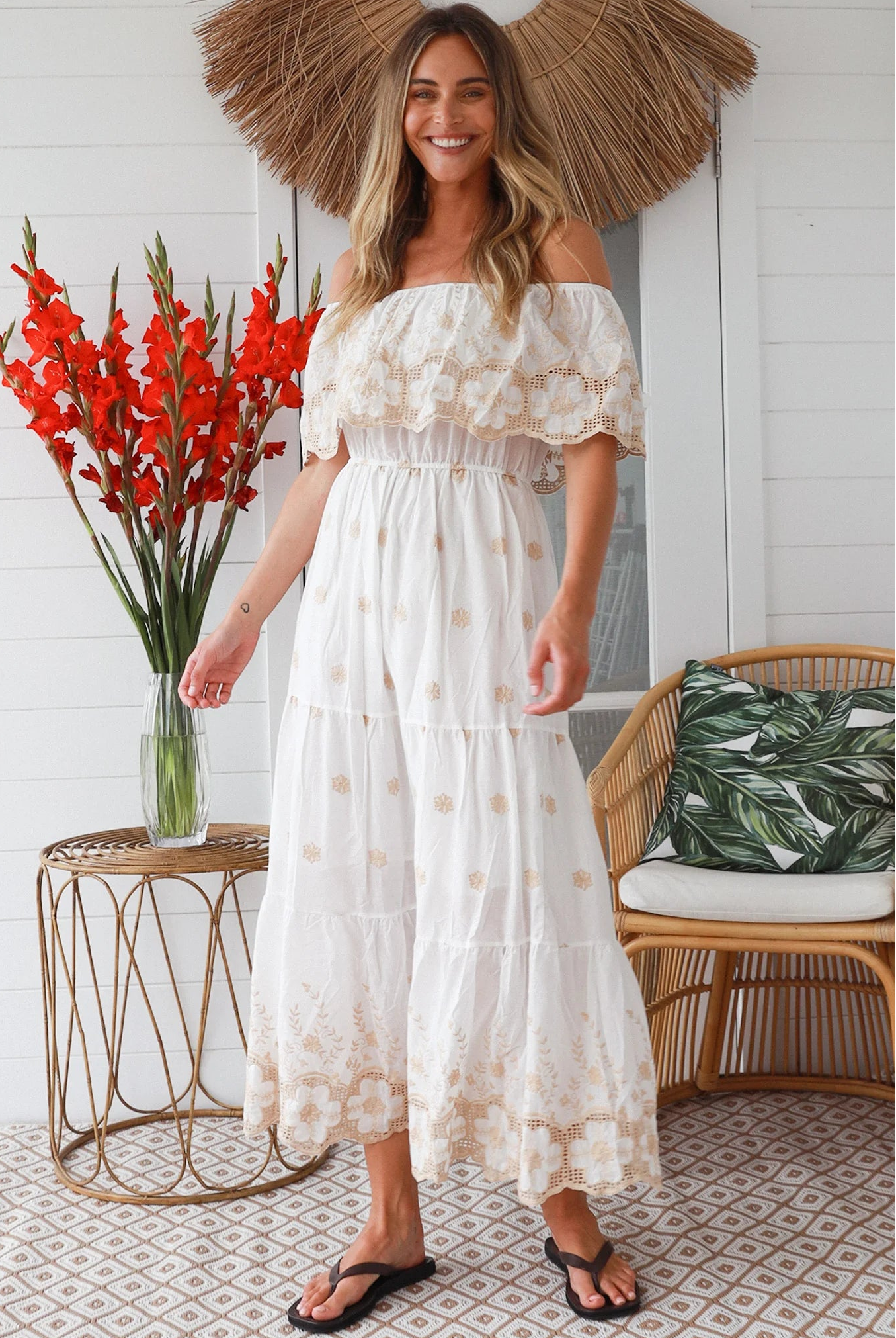 White cotton boho maxi dress with creamy beige floral embroidery and off-shoulder neckline – Bohemian Love Runway