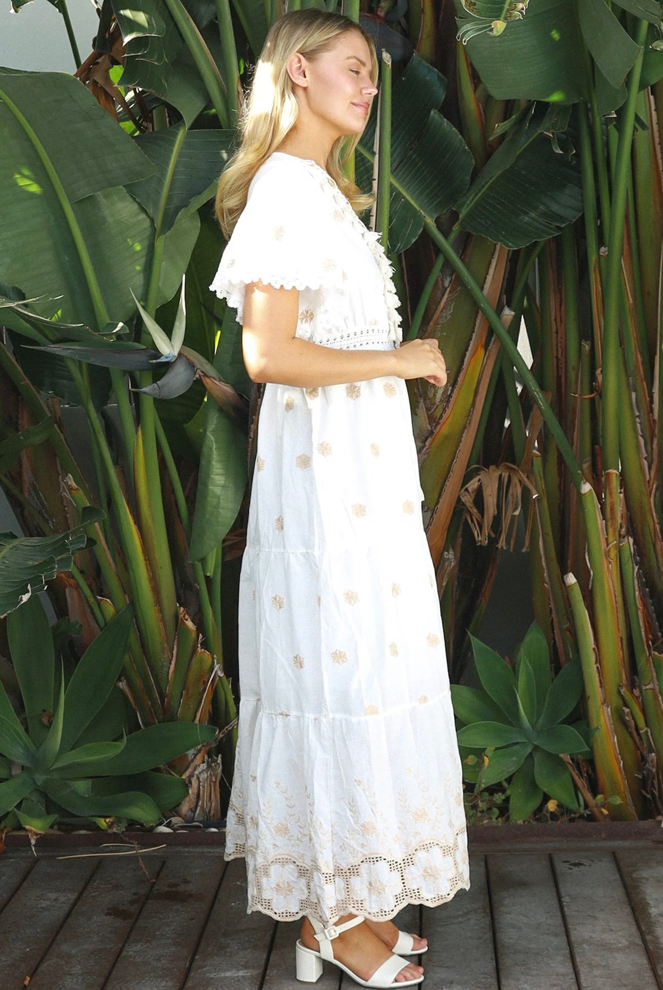White cotton maxi dress with warm beige embroidery and scalloped embroidered hemline.