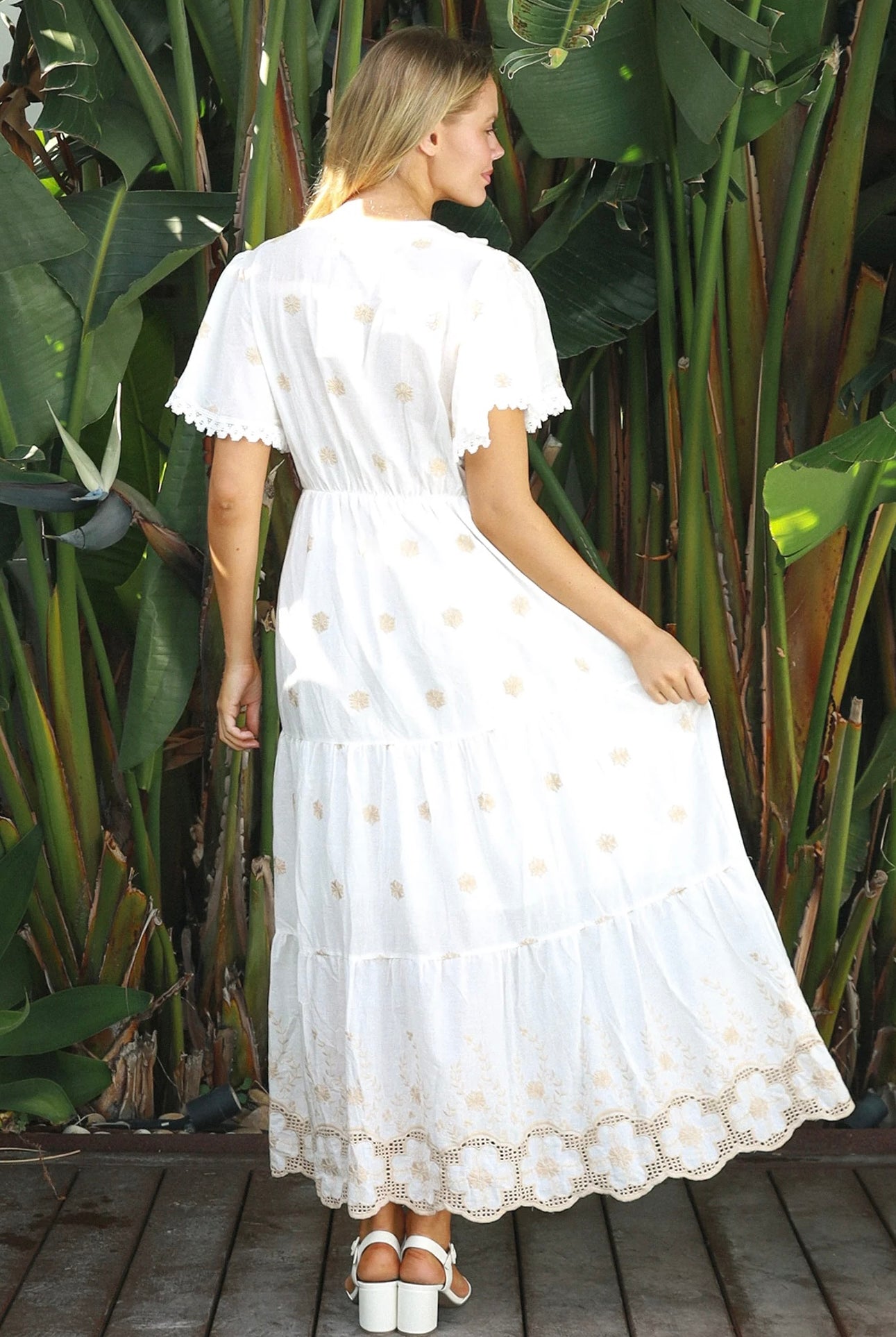White cotton maxi dress with warm beige embroidery and scalloped embroidered hemline.