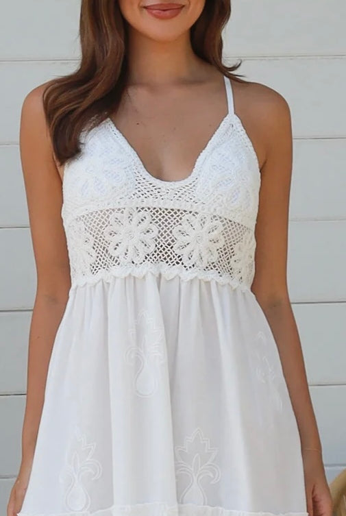 White embroidered cotton boho maxi dress with crochet bodice and lace hemline by Salty Palm Australia