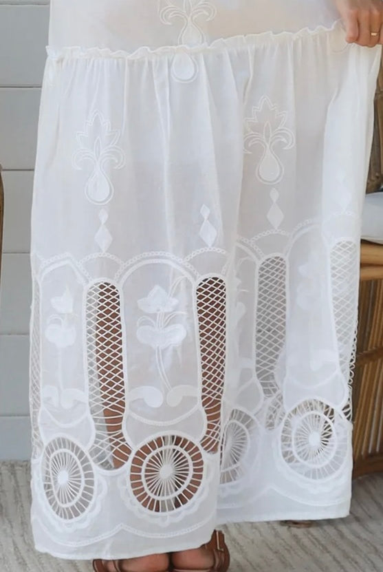 White embroidered cotton boho maxi dress with crochet bodice and lace hemline by Salty Palm Australia