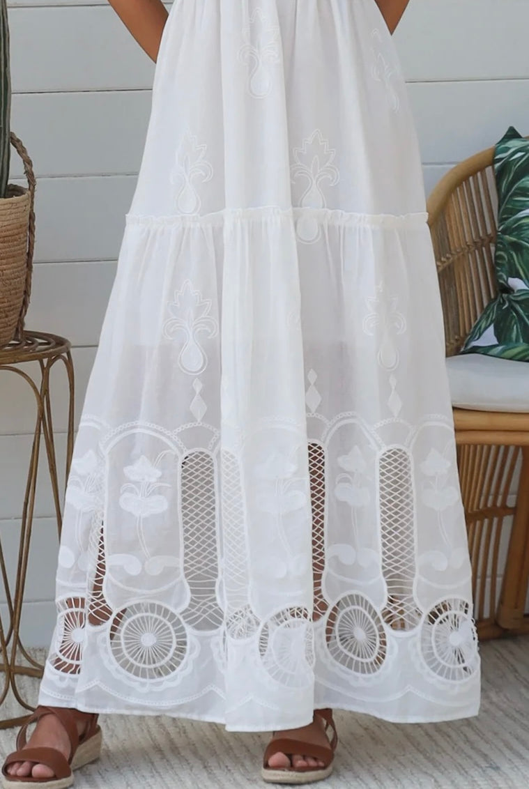 White embroidered cotton boho maxi dress with crochet bodice and lace hemline by Salty Palm Australia