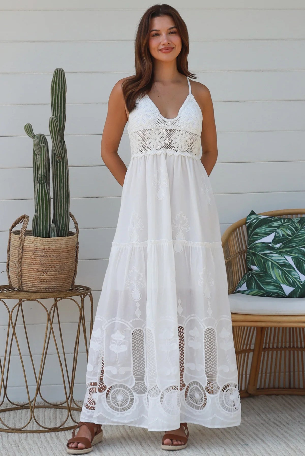 White embroidered cotton boho maxi dress with crochet bodice and lace hemline by Salty Palm Australia