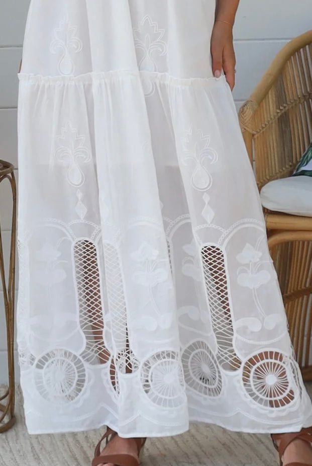 White embroidered cotton boho maxi dress with crochet bodice and lace hemline by Salty Palm Australia