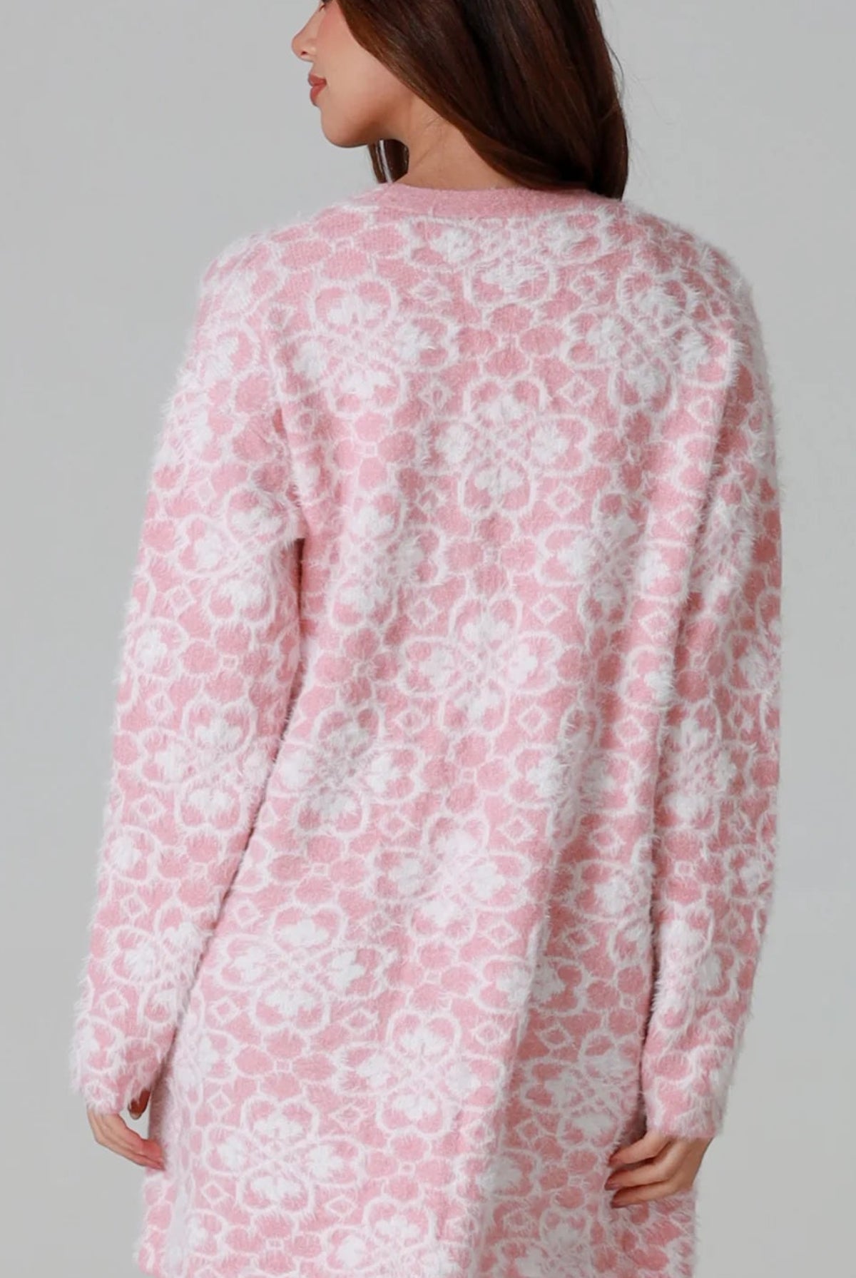 Luxury pink floral longline cardigan brushed knit with front patch pockets Charlotte the Label soft halo texture. Boho Knitwear Australia.