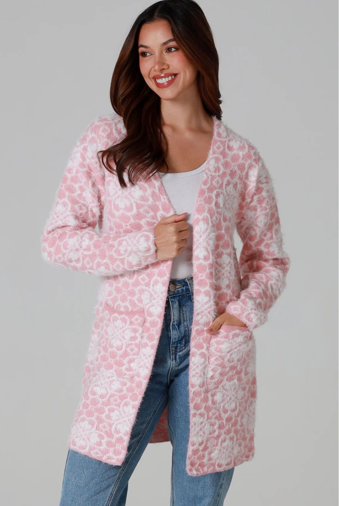 Luxury pink floral longline cardigan brushed knit with front patch pockets Charlotte the Label soft halo texture. Boho Knitwear Australia.