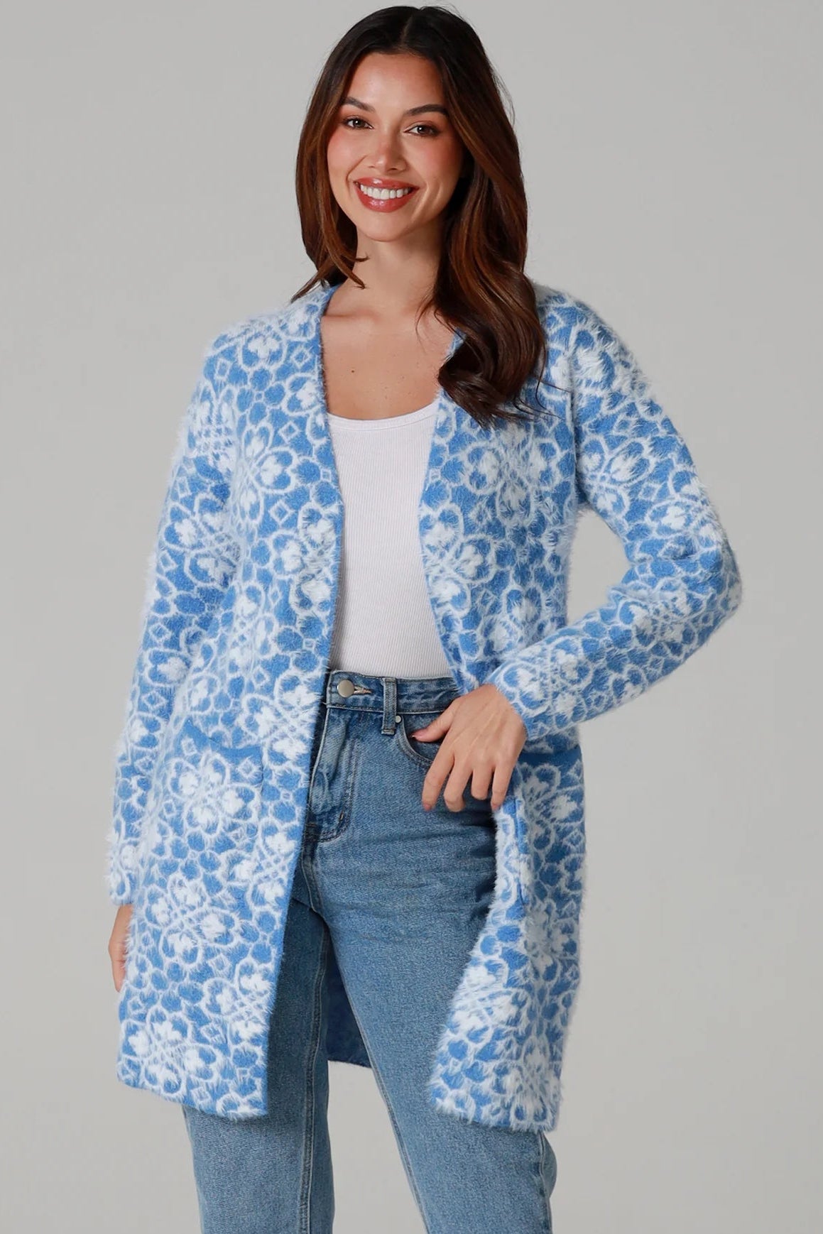 Fluffy brushed blue floral longline cardigan soft halo knit cosy winter knitwear Australia one size