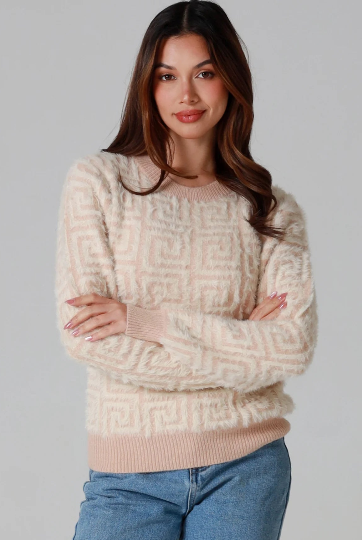 Ziggy Geometric Knit Jumper Cream by Charlotte The Label with textured eyelash knit design