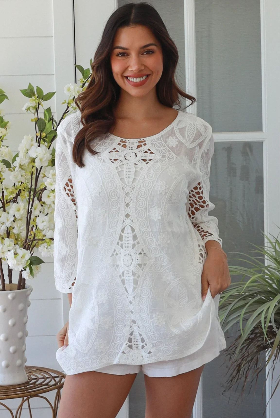White embroidered cotton boho top with crochet detailing and three quarter sleeves relaxed Australian bohemian style