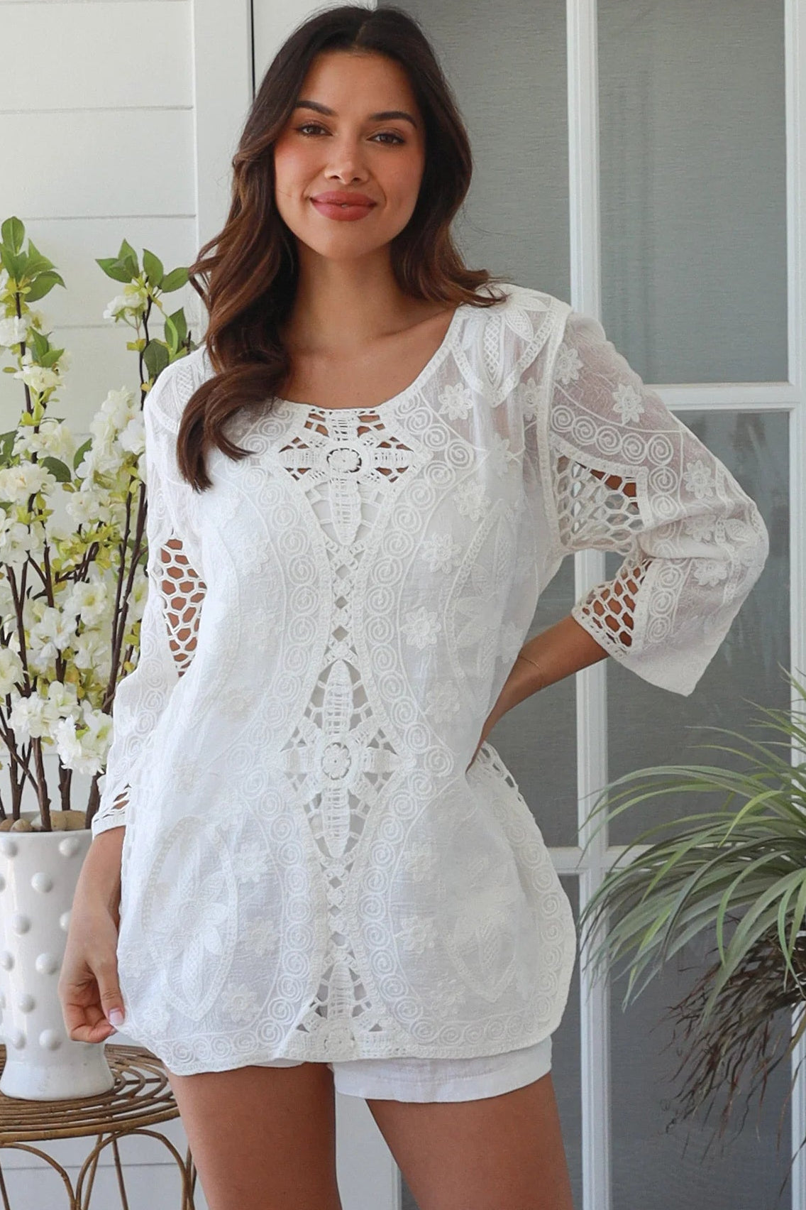 White embroidered cotton boho top with crochet detailing and three quarter sleeves relaxed Australian bohemian style