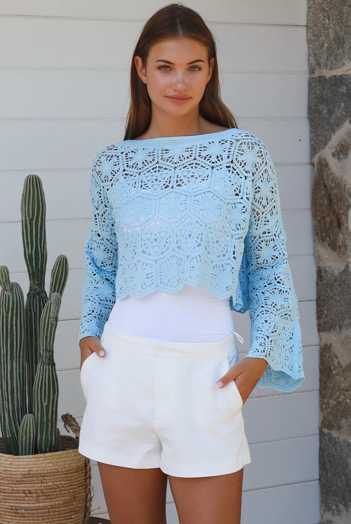 Sky blue crochet cotton crop top with bell sleeves and scalloped hem — Beatrix by Willow The Label Australia