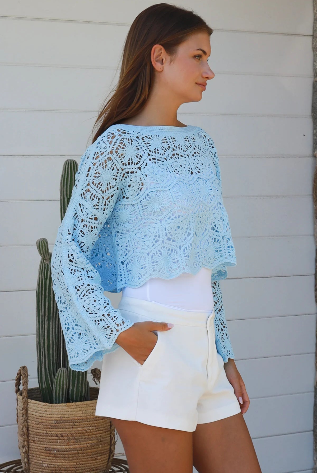 Sky blue crochet cotton crop top with bell sleeves and scalloped hem — Beatrix by Willow The Label Australia