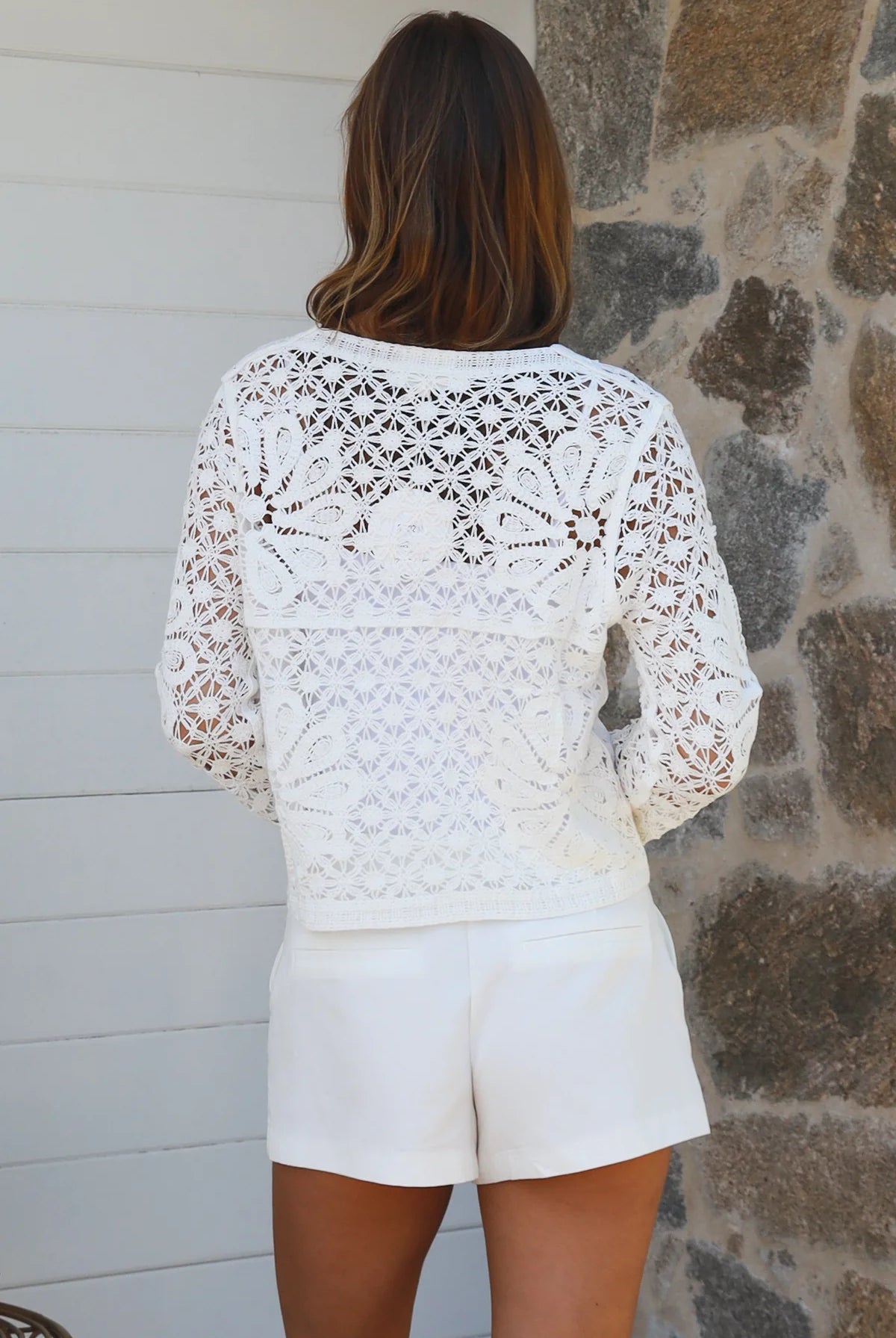 White crochet cardigan with floral blossom pattern soft vegan cotton breathable summer boho wardrobe essential — Willow Label