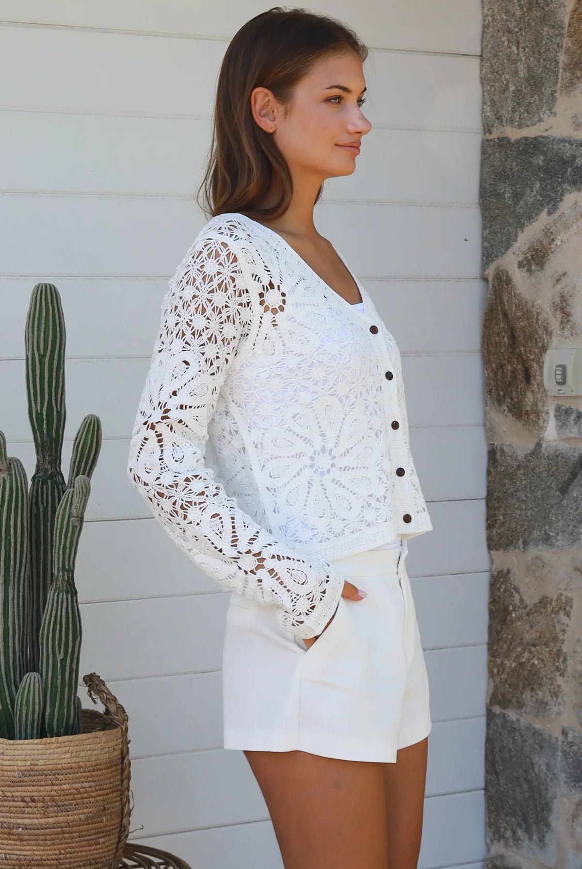 White crochet cardigan with floral blossom pattern soft vegan cotton breathable summer boho wardrobe essential — Willow Label