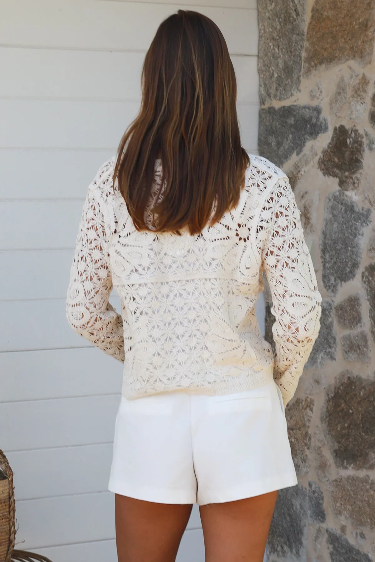 Cream floral crochet cardigan with scalloped sleeves and button-front V-neck styling — boho knitwear Australia