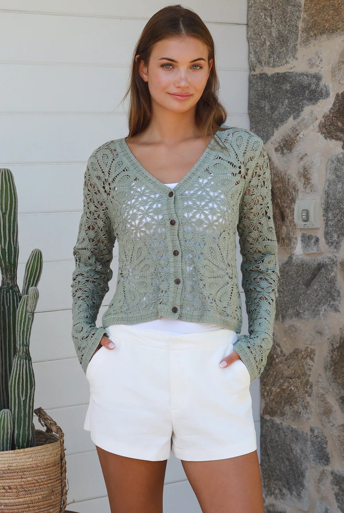 Sage crochet cotton cardigan with floral detailing and buttons long sleeve boho knit by Bohemian Love Runway Australia