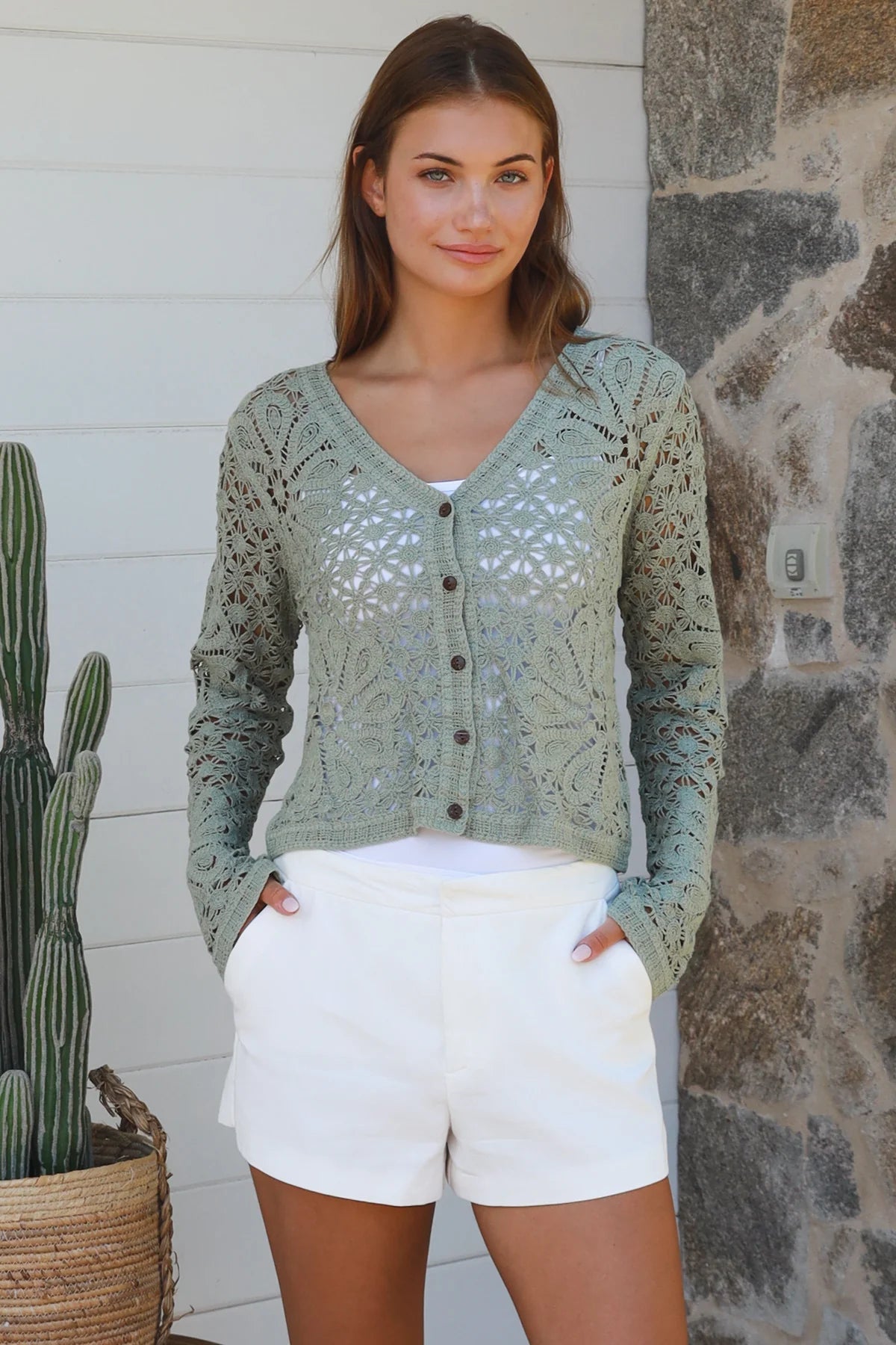 Sage crochet cotton cardigan with floral detailing and buttons long sleeve boho knit by Bohemian Love Runway Australia