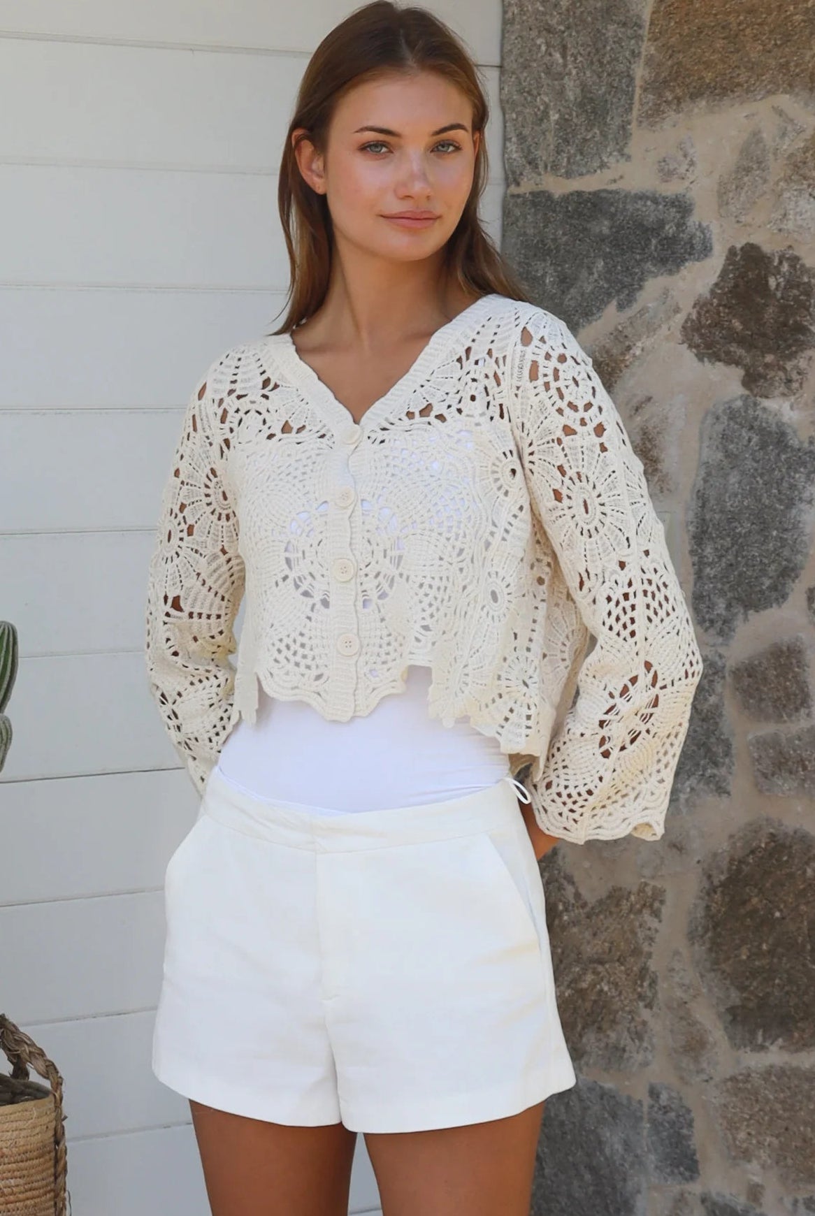 Cream crochet cotton cardigan with scalloped hem and flared sleeves by Willow the Label, women’s boho cardigan