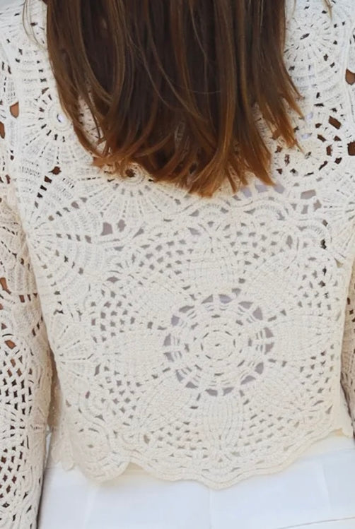 Cream crochet cotton cardigan with scalloped hem and flared sleeves by Willow the Label, women’s boho cardigan