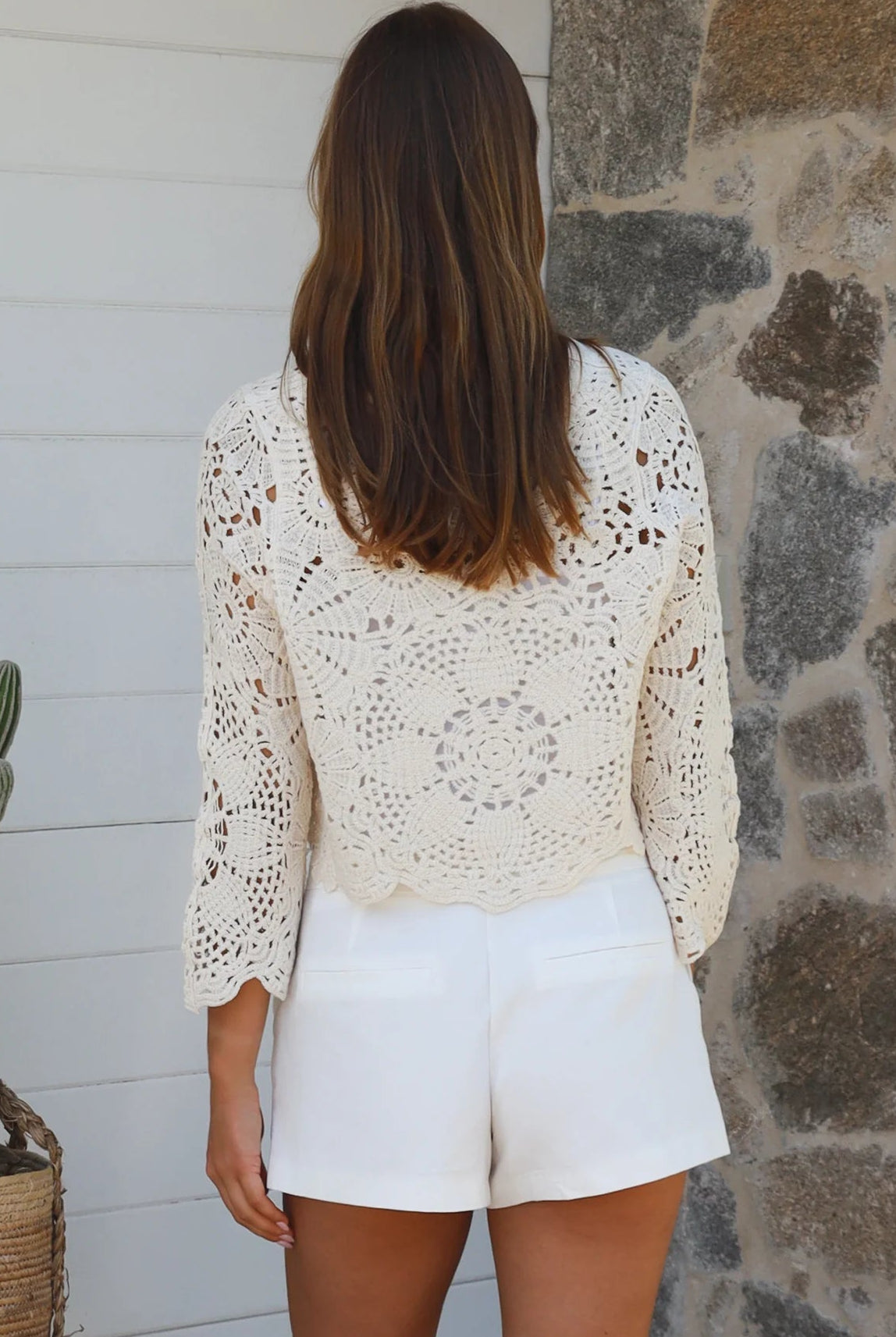 Cream crochet cotton cardigan with scalloped hem and flared sleeves by Willow the Label, women’s boho cardigan