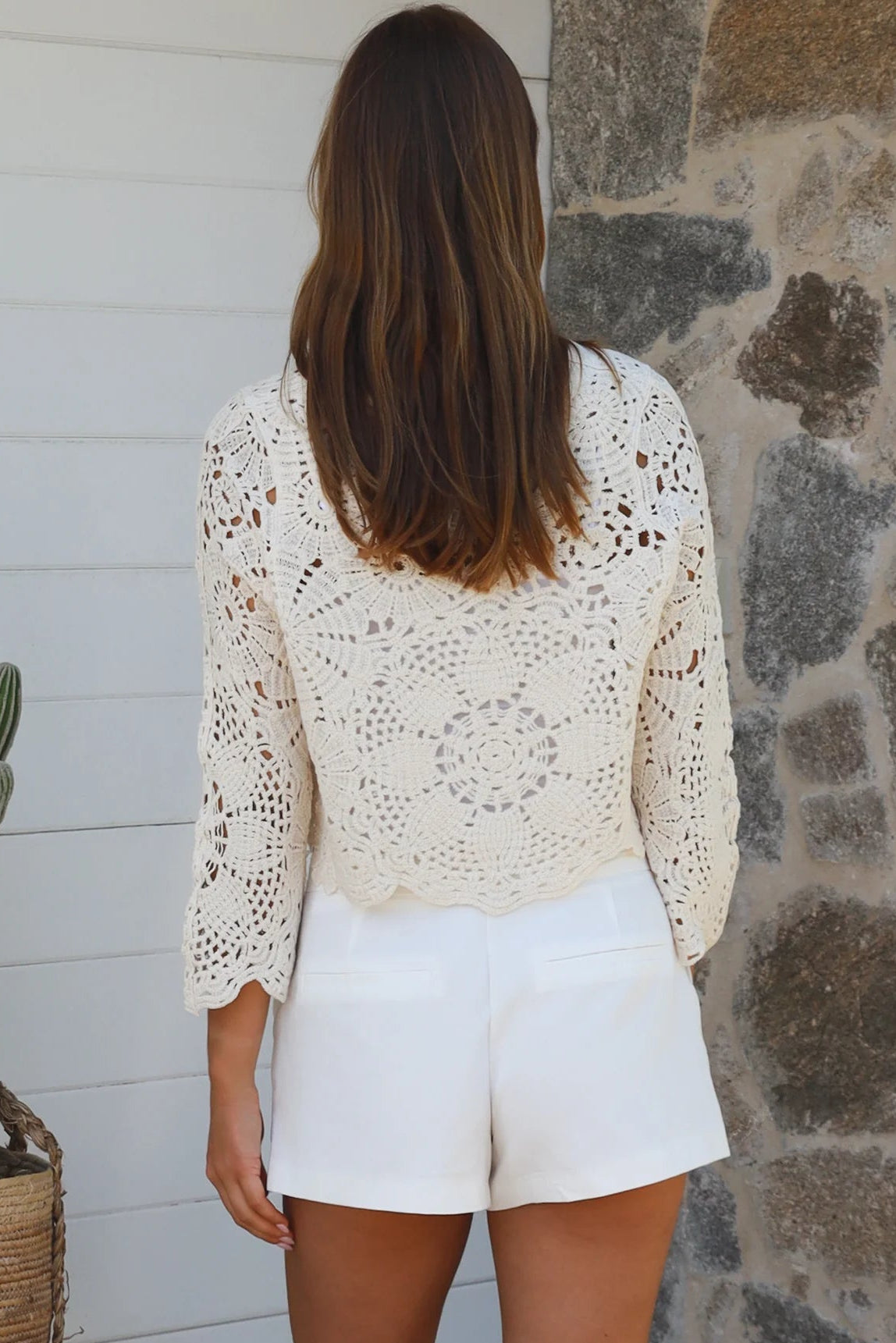 Cream crochet cotton cardigan with scalloped hem and flared sleeves by Willow the Label, women’s boho cardigan