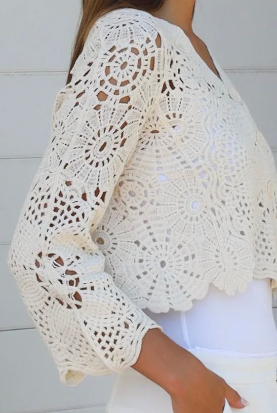 Cream crochet cotton cardigan with scalloped hem and flared sleeves by Willow the Label, women’s boho cardigan