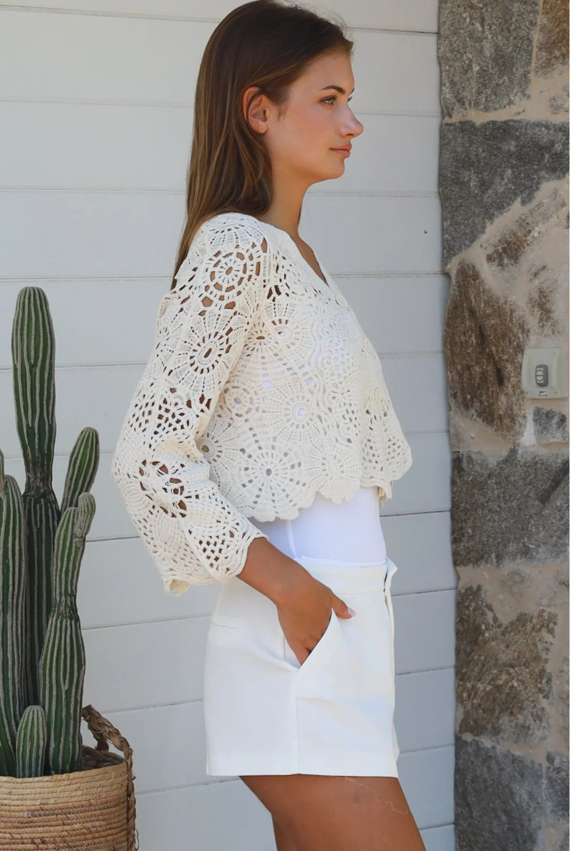 Cream crochet cotton cardigan with scalloped hem and flared sleeves by Willow the Label, women’s boho cardigan