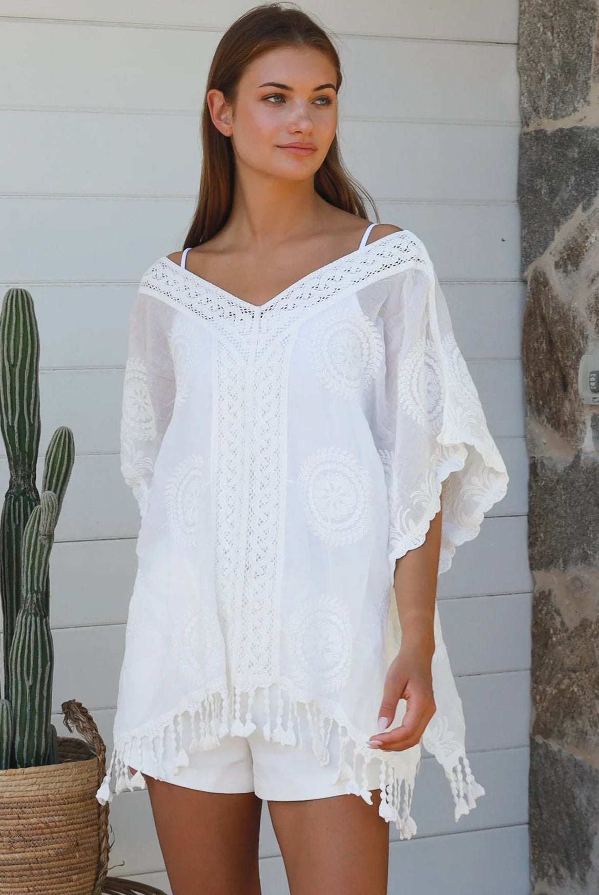 Essie embroidered white cotton kimono top with crochet medallion detailing scalloped sleeves and tassel hem