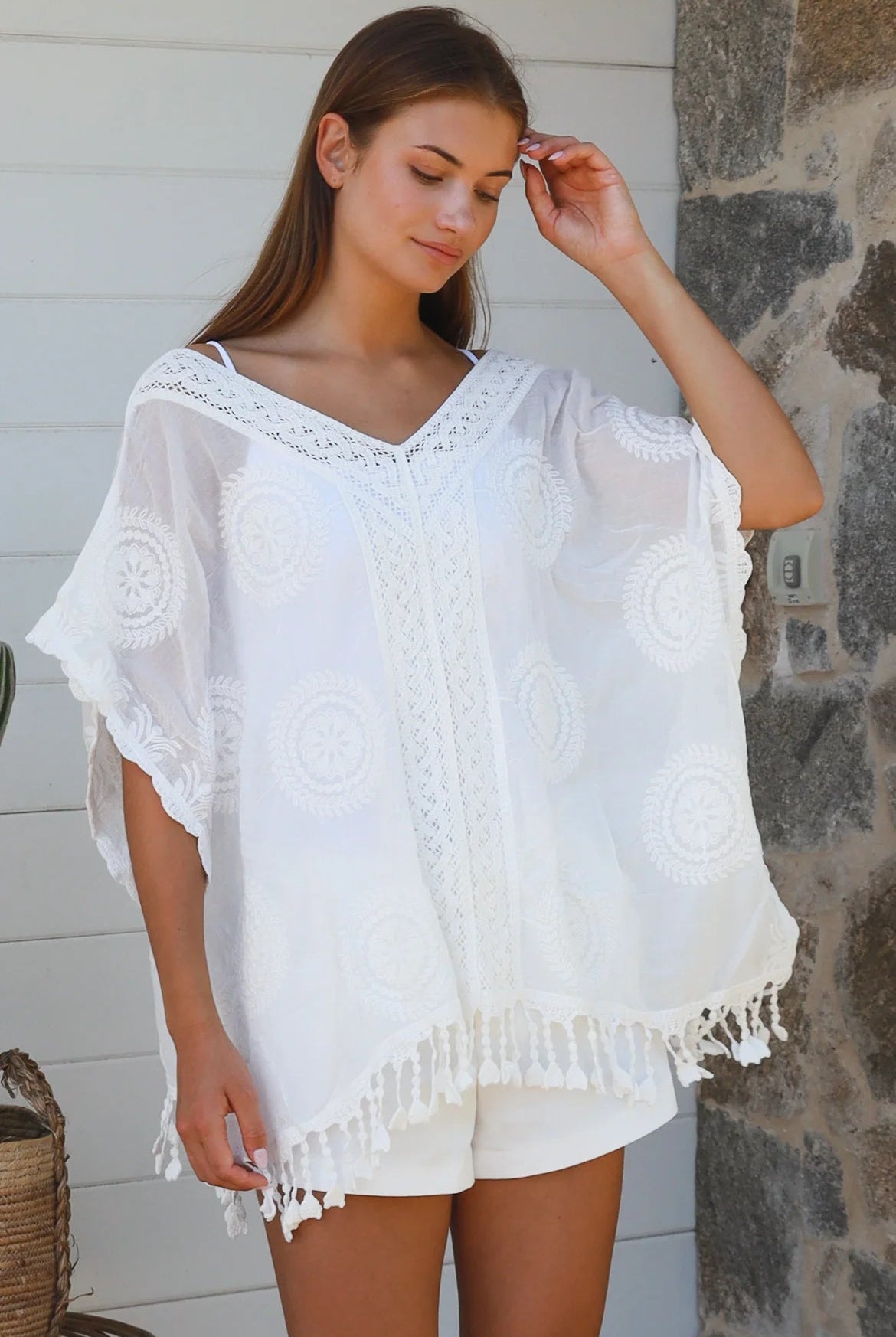 Essie embroidered white cotton kimono top with crochet medallion detailing scalloped sleeves and tassel hem