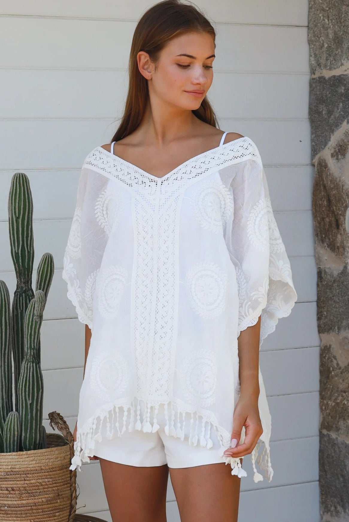 Essie embroidered white cotton kimono top with crochet medallion detailing scalloped sleeves and tassel hem