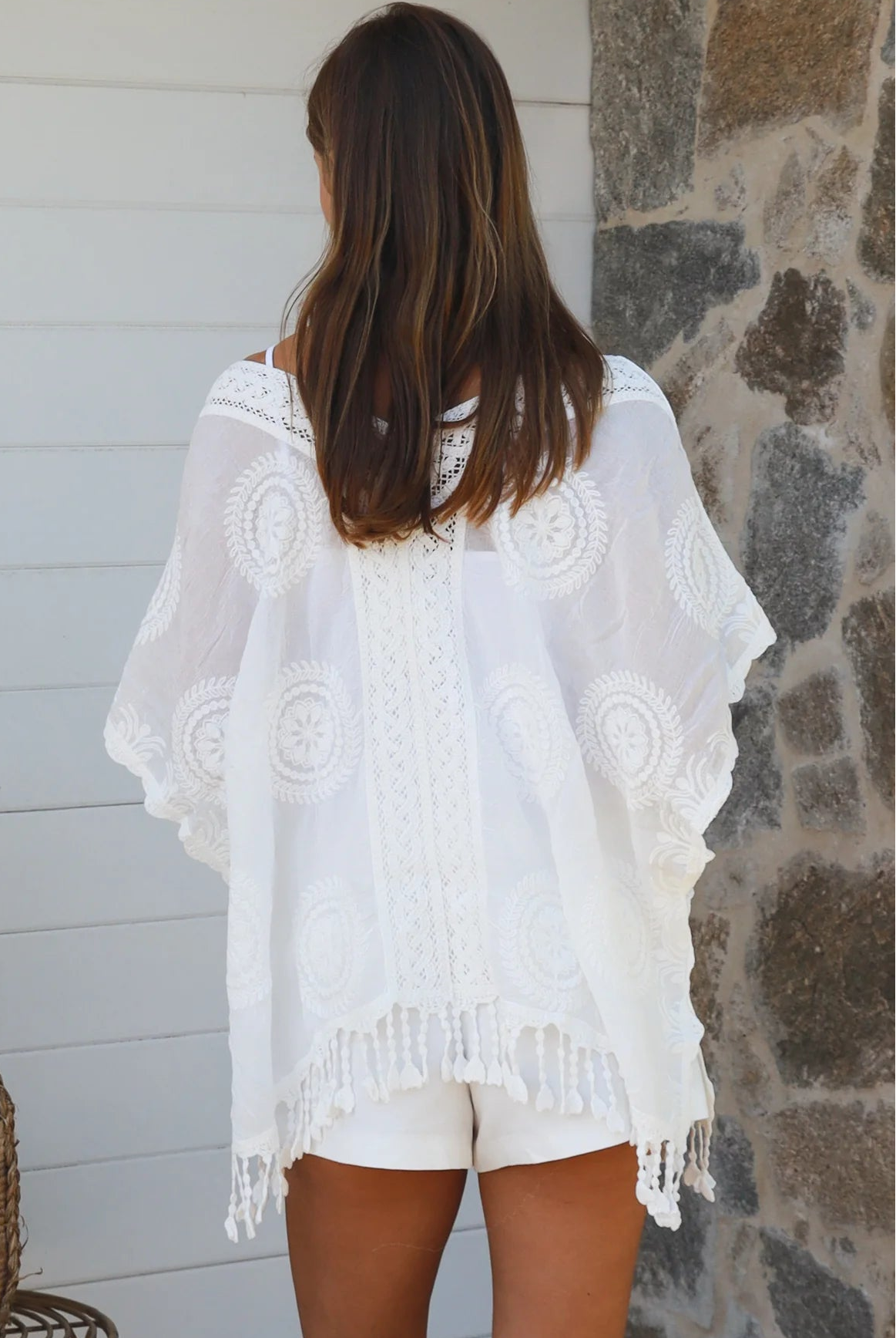 Essie embroidered white cotton kimono top with crochet medallion detailing scalloped sleeves and tassel hem