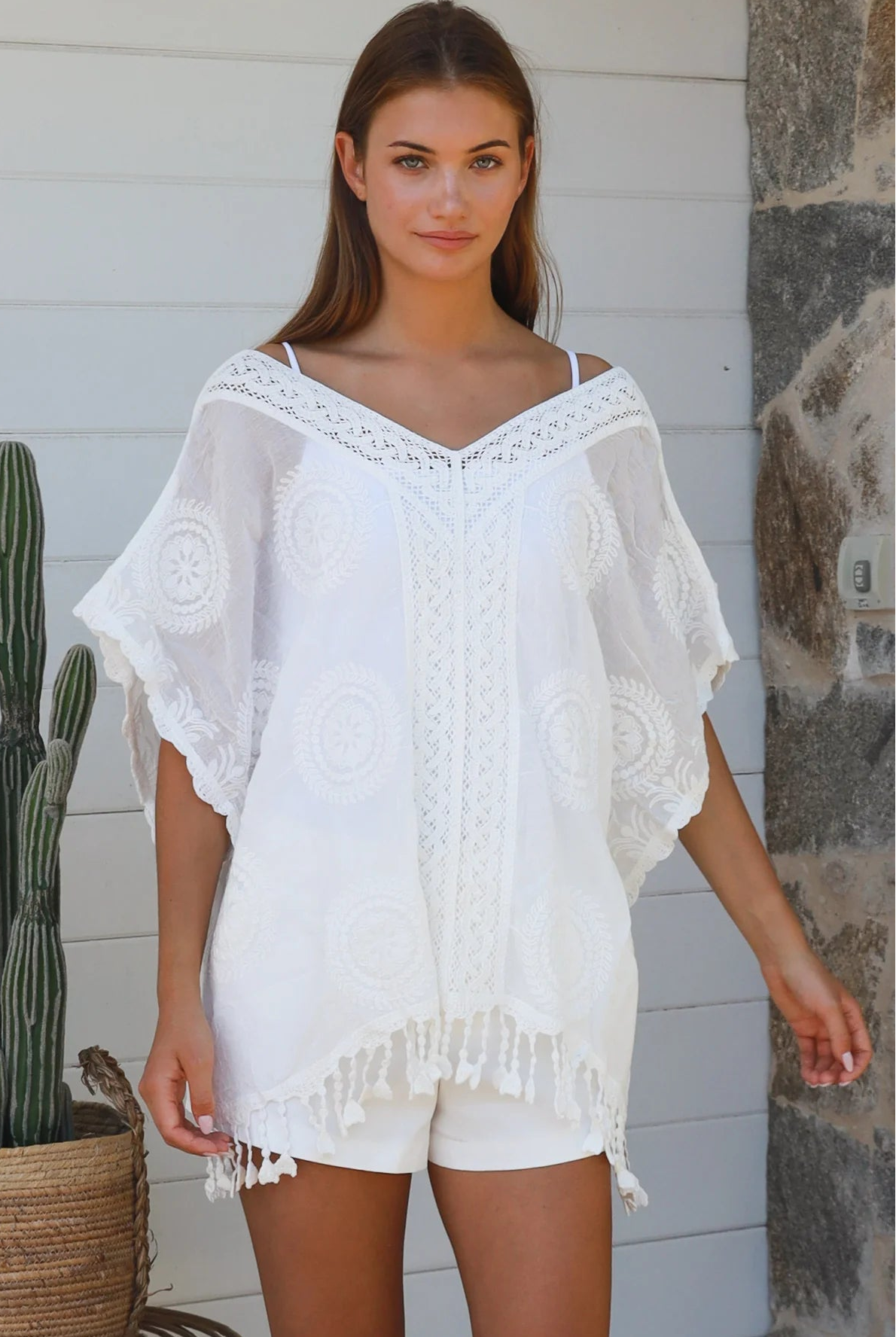Essie embroidered white cotton kimono top with crochet medallion detailing scalloped sleeves and tassel hem
