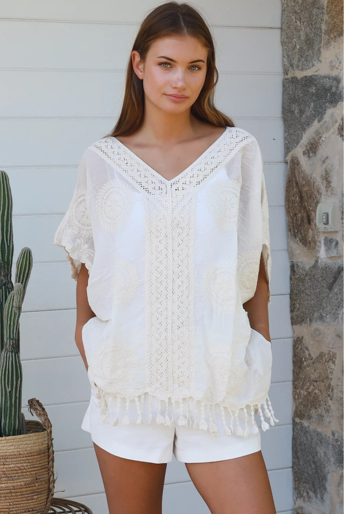 Essie Embroidered Cotton Kimono Top Cream boho embroidered cotton top with crochet detailing and relaxed kimono sleeves.
