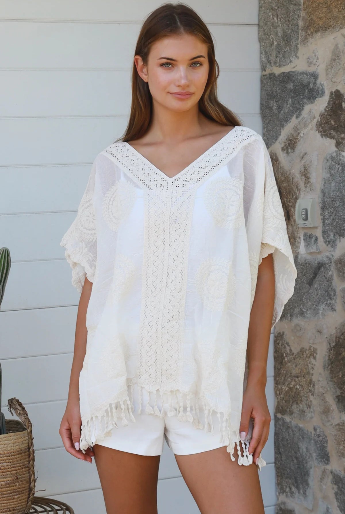 Essie Embroidered Cotton Kimono Top Cream boho embroidered cotton top with crochet detailing and relaxed kimono sleeves.