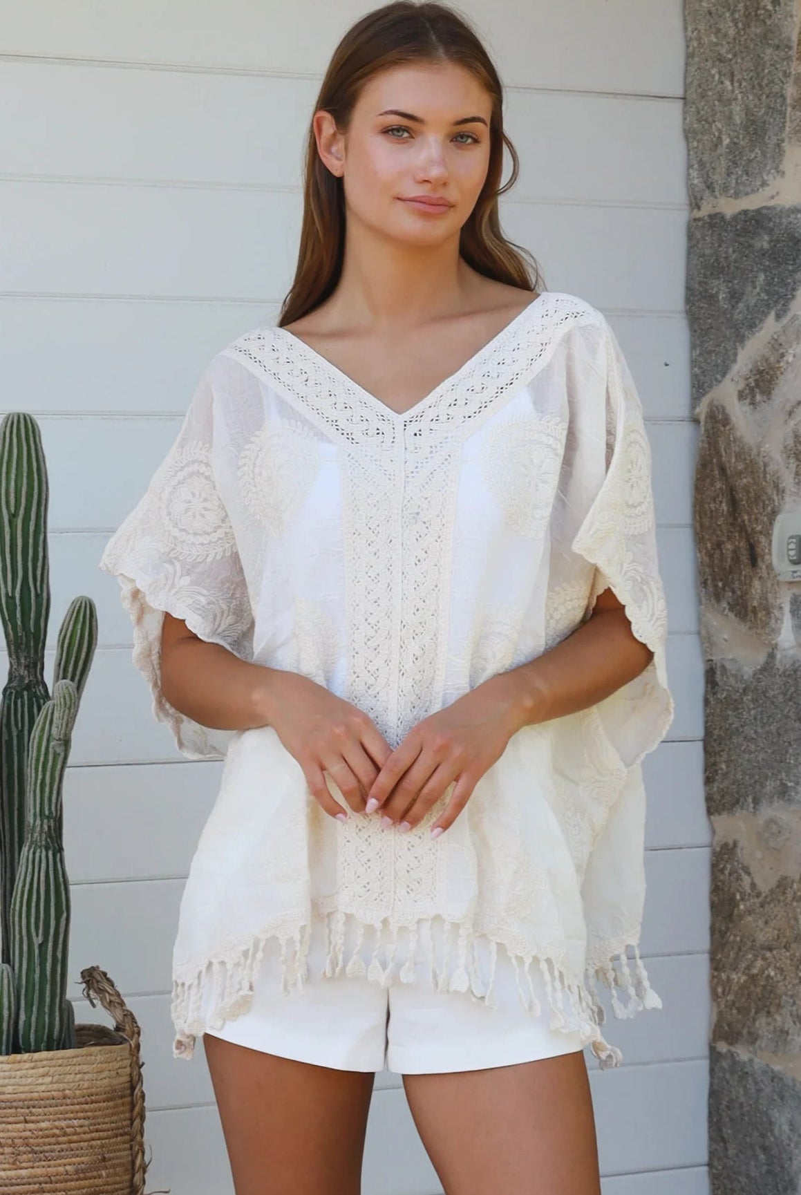 Essie Embroidered Cotton Kimono Top Cream boho embroidered cotton top with crochet detailing and relaxed kimono sleeves.