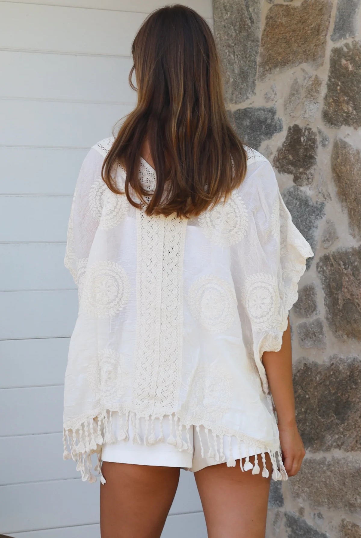 Essie Embroidered Cotton Kimono Top Cream boho embroidered cotton top with crochet detailing and relaxed kimono sleeves.