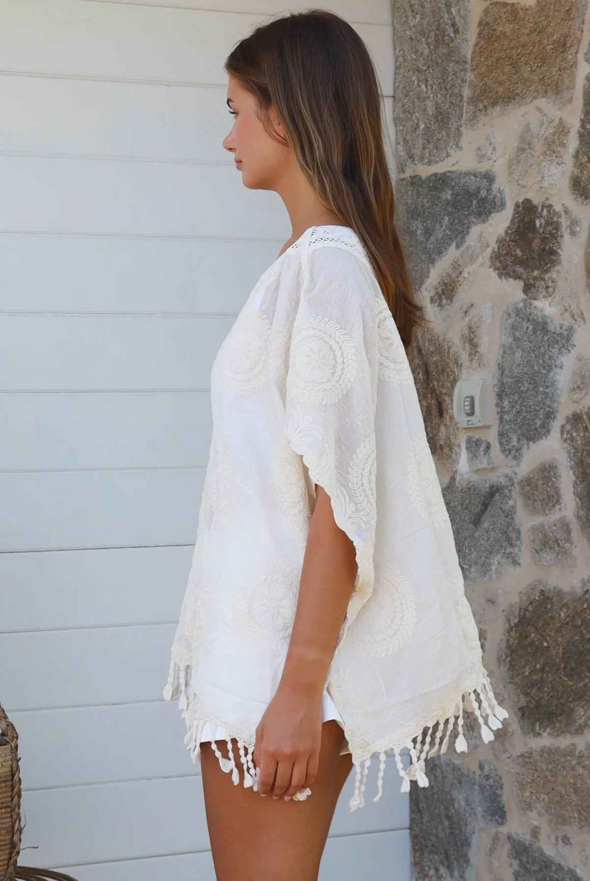 Essie Embroidered Cotton Kimono Top Cream boho embroidered cotton top with crochet detailing and relaxed kimono sleeves.