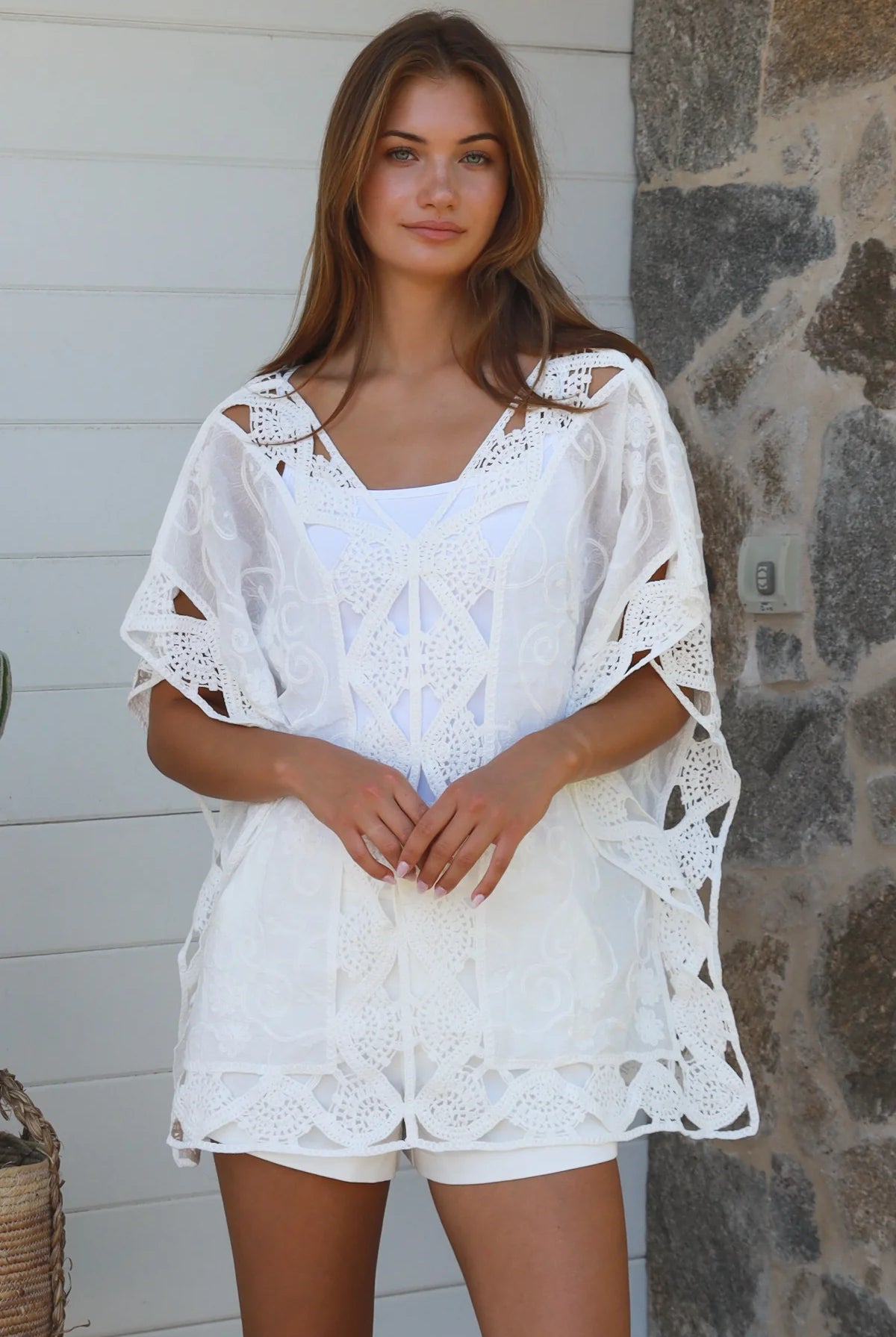 Inez white cotton crochet embroidered top — summer boho wardrobe, coastal styling, high-rotation lightweight warm-weather piece