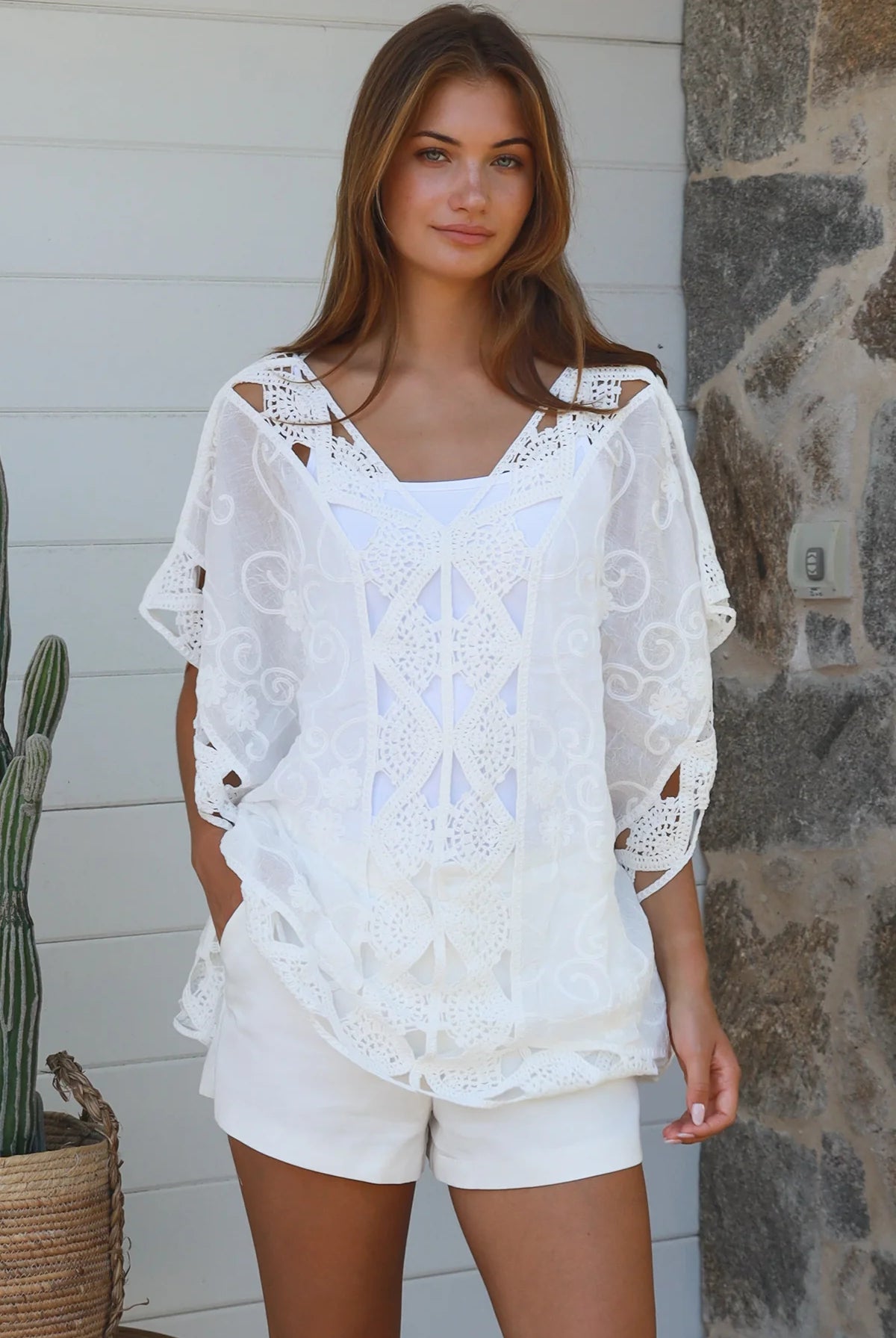 Inez white cotton crochet embroidered top — summer boho wardrobe, coastal styling, high-rotation lightweight warm-weather piece