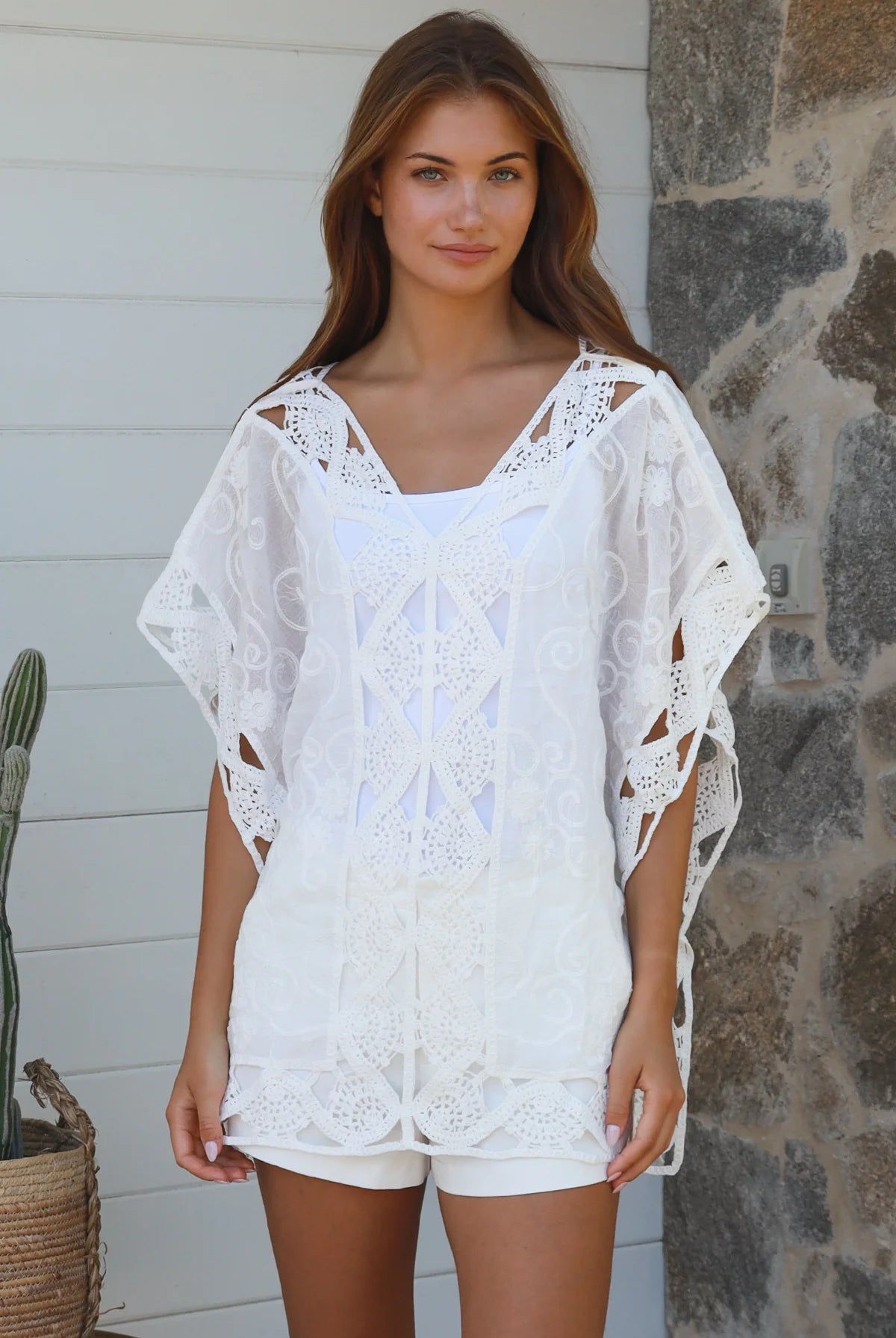 Inez white cotton crochet embroidered top — summer boho wardrobe, coastal styling, high-rotation lightweight warm-weather piece