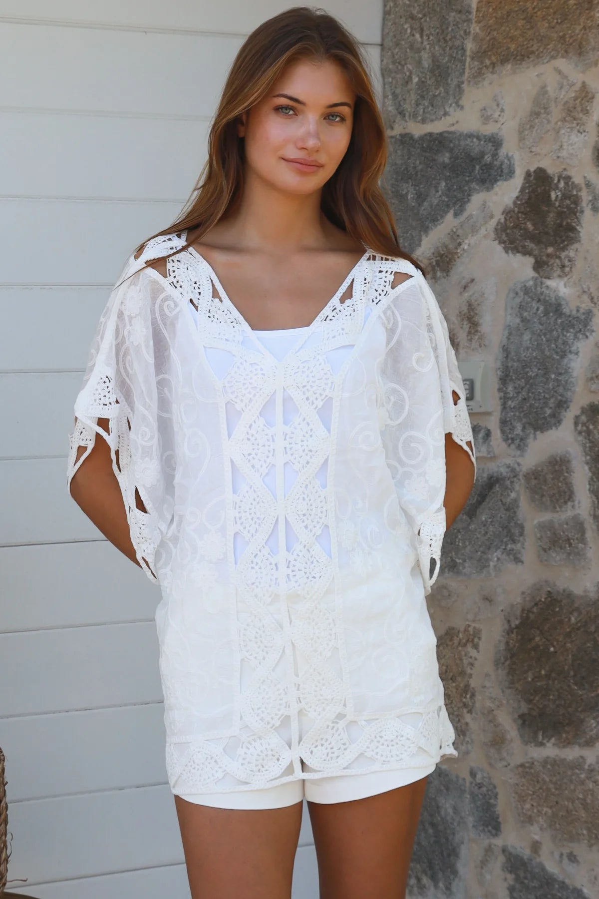 Inez white cotton crochet embroidered top — summer boho wardrobe, coastal styling, high-rotation lightweight warm-weather piece